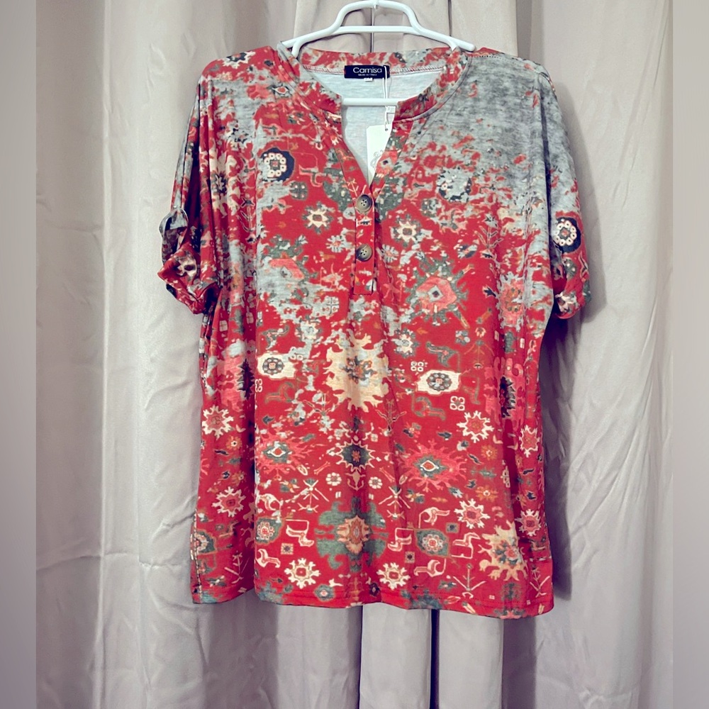 Sierra sunset knit blouse, folded cuff on sleeve, 2 button detail, 2x